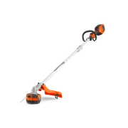 Side view of a Husqvarna string trimmer with ergonomic handle and battery compartment.