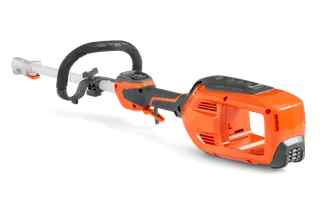 Side view of a Husqvarna battery-powered hedge trimmer, showcasing the handle and battery compartment.