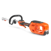 Side view of a Husqvarna battery-powered hedge trimmer, showcasing the handle and battery compartment.