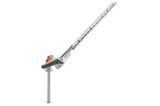 Side view of a hedge trimmer attachment with extended blades.