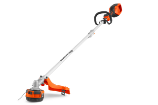 Side view of a Husqvarna battery-powered grass trimmer.