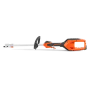 Side view of a pole saw without the cutting attachment, showcasing its handle and shaft.