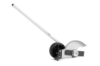 Side view of a garden edger attachment with a wheel and blade.