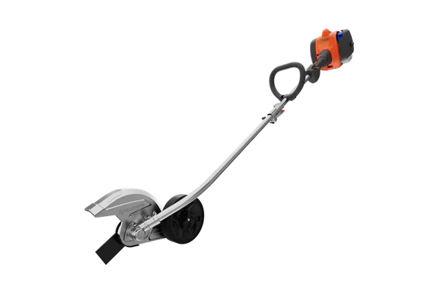 Side view of a garden edger with a curved shaft and a protective blade guard.
