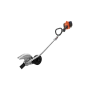 Side view of a garden edger with a curved shaft and a protective blade guard.