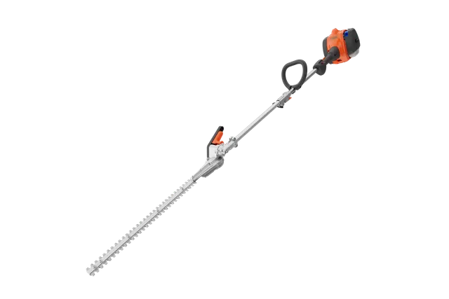 Side view of a hedge trimmer with a long blade and ergonomic handle.