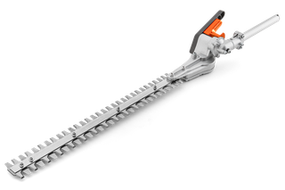 Side view of a hedge trimmer attachment with a long cutting blade.