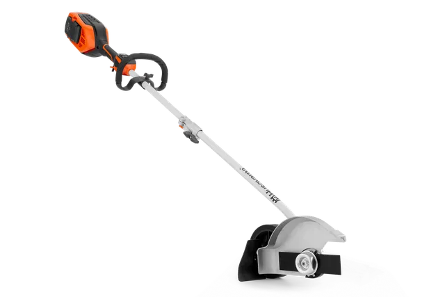 Side view of a battery-powered garden edger with ergonomic handle.