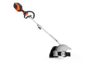 Side view of a battery-powered garden edger with ergonomic handle.