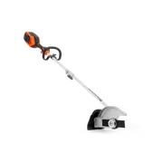 Side view of a battery-powered garden edger with ergonomic handle.