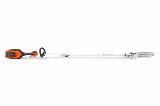 Side view of a Husqvarna pole saw with battery compartment and cutting bar.