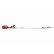 Side view of a Husqvarna pole saw with battery compartment and cutting bar.