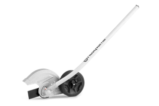 Side view of a Husqvarna lawn edger attachment with a wheel and blade.