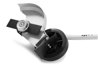 Side view of a gardening tool with a wheel and blade attachment.