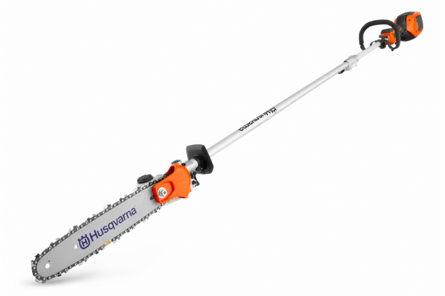 Side view of a Husqvarna pole saw with an extended reach.