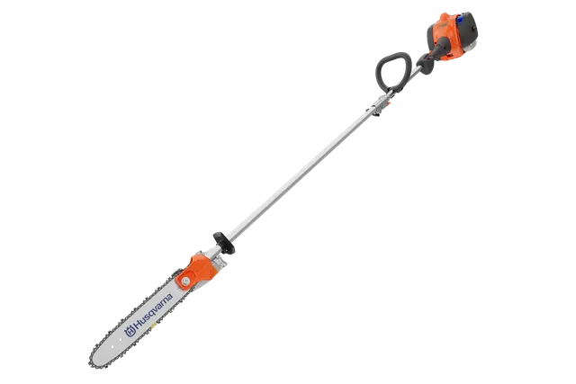 Side view of a Husqvarna pole saw with a long handle and chainsaw attachment.