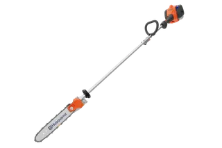 Side view of a Husqvarna pole saw with a long handle and chainsaw attachment.
