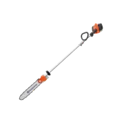 Side view of a Husqvarna pole saw with a long handle and chainsaw attachment.