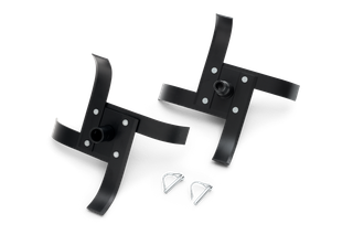 Top view of two metal tiller blades with connecting pins.