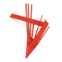 Top view of a red metal garden tool with multiple prongs and a triangular base.