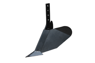 Side view of a metal plow attachment for a garden tool.
