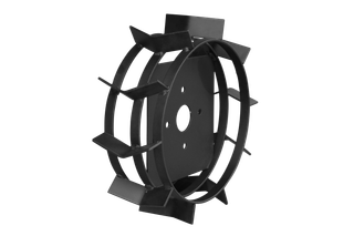 Side view of a metal tiller wheel attachment with spikes.