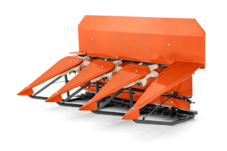 Front view of an agricultural harvesting attachment with multiple cutting blades.