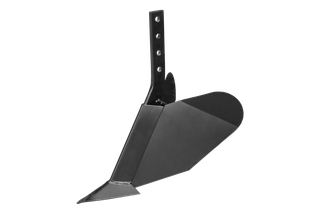 Side view of a plow attachment with adjustable mounting holes.
