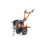 Вид збоку на культиватор Husqvarna з міцними колесами й ергономічними рукоятками.