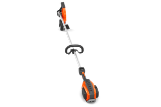 Side view of a Husqvarna battery-powered grass trimmer with ergonomic handle.