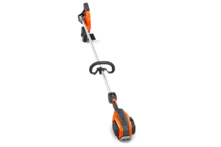 Side view of a Husqvarna battery-powered grass trimmer with ergonomic handle.