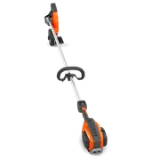 Side view of a Husqvarna battery-powered grass trimmer with ergonomic handle.