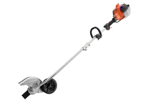 Side view of a Husqvarna edger with a metal blade and wheel for precise lawn edging.