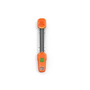 Top view of a tool with measurement markings and an orange protective cover.