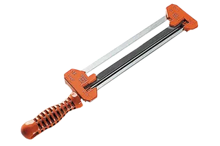 Front view of a chainsaw sharpening tool with ergonomic handle.