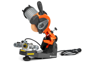 Side view of a Husqvarna chainsaw sharpener with adjustable settings.