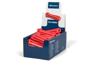 Box of Husqvarna file handles displayed in a retail setting.