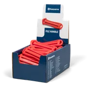 Box of Husqvarna file handles displayed in a retail setting.