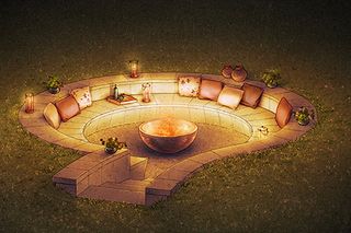 A cozy outdoor seating area with a circular fire pit surrounded by cushions and decorative plants.