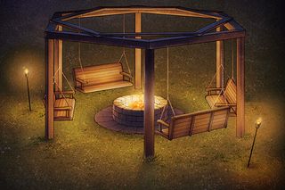 Wooden swings arranged around a central fire pit under a hexagonal pergola.