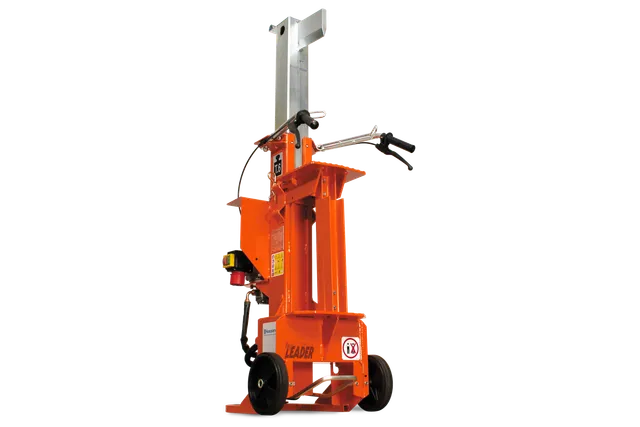 Vorderansicht eines vertikalen Holzspalters mit ergonomischen Griffen und Rädern.