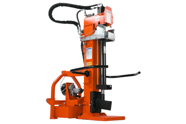 Vorderansicht einer hydraulischen Holzspaltmaschine mit robuster Metallkonstruktion.