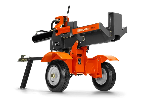 HUSQVARNA S427. Side view of a Husqvarna log splitter with sturdy wheels and a powerful splitting mechanism.