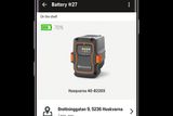 Smartphone-skärm med Husqvarnas batterihanteringsapp med batteristatus och plats.