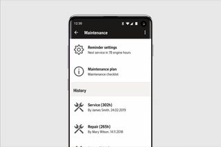 Smartphone displaying a maintenance app with service history and settings.