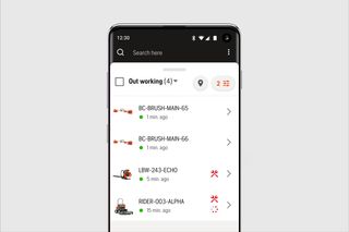Mobile app interface displaying the status of four outdoor power equipment units.