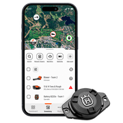 Application de suivi d’équipement d’affichage par téléphone avec carte et inventaire ; outil de suivi des actifs Husqvarna à côté.