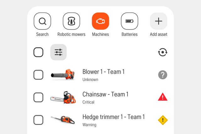 Benutzeroberfläche zur Anzeige des Gerätestatus für Laubblasgerät, Motorsäge und Heckenschere mit Symbolen für Suche, Mähroboter, Maschinen, Batterien und Gerät hinzufügen.