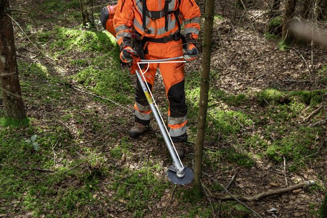 En person som använder en buskröjare för att röja undervegetation i en skogsmiljö.
