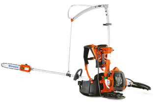 Side view of a Husqvarna pole saw with a harness and engine support system.